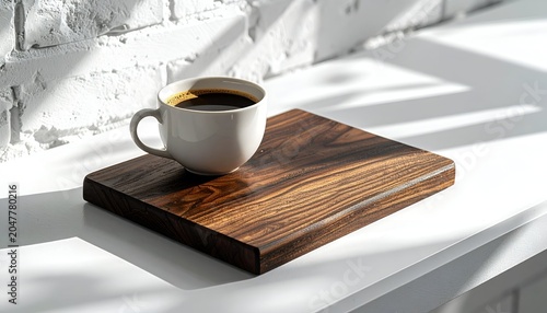 Cup of coffee on wooden tray against bright white surface and brick wall