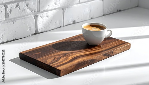 Espresso in white mug on a wooden board, set against a white brick wall and counter