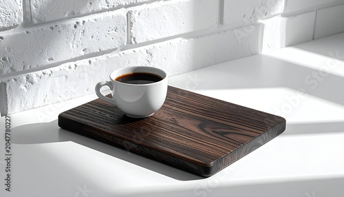 A white coffee cup sits on a dark wooden tray against a white brick wall and counter