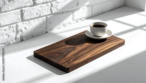 Coffee cup on a white saucer atop a wooden serving board, in natural light next to a brick wall