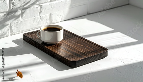 A white coffee cup on a wooden tray sits in sunlight next to a white brick wall