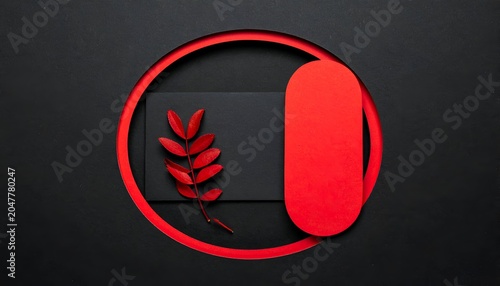 A red leaf on a black rectangle is surrounded by a red circle, all on a black background