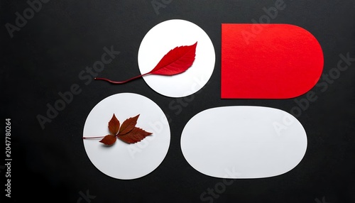 Abstract geometric composition white circles, red shapes, autumn leaves on black backdrop