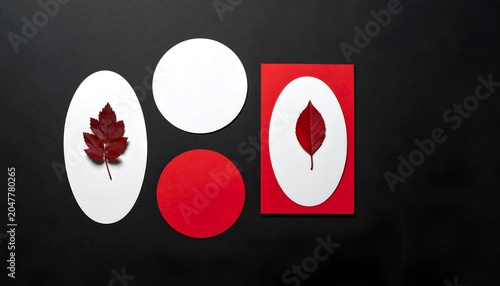 Abstract arrangement of shapes with fall leaves on black background