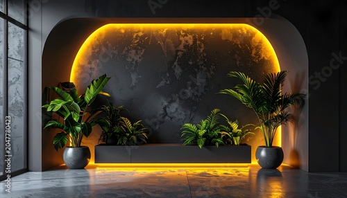 Modern interior with plants in gray pots, backlit arch and dark wall