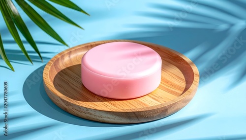 A pink circular container rests in a wooden dish, shadowed by palm fronds on blue