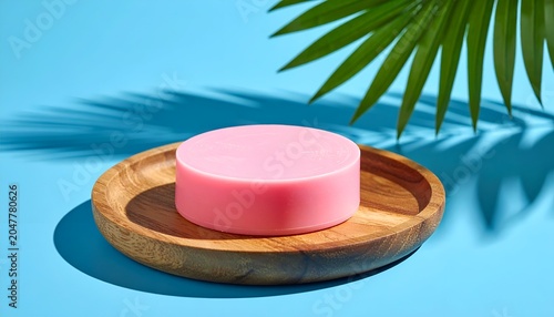 Pink circular soap on a wooden dish, shadowed by palm fronds, against a blue backdrop