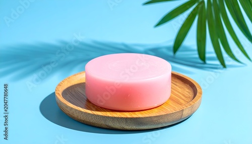 Pink, round soap on wooden plate with palm frond shadows on bright blue backdrop
