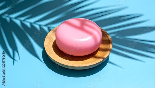 A pink circular item sits on a wooden dish, shadowed by a palm leaf against a blue surface
