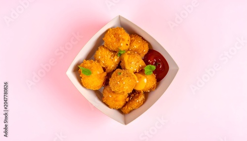 Golden fried, round food with sauce in a paper container, set against a pink backdrop