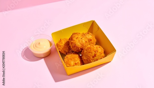 Golden fried food in yellow container with creamy dip on pink backdrop, overhead view