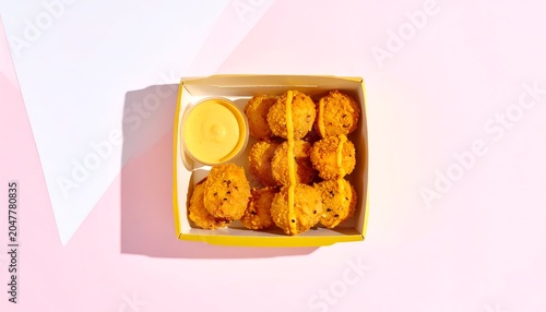 Fried savory balls in a yellow box with dipping sauce on a pink and white background