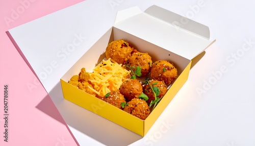 Appetizing food assortment, featuring fried balls and cheesy side in a takeaway container