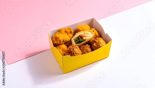 Box of golden fried bites with visible filling, set on a pink and white backdrop