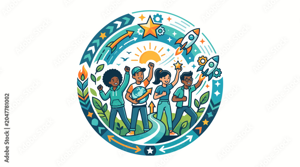 Naklejka premium Illustration of diverse people celebrating with arms raised in a circular frame with decorative elements and a sunny background.