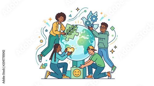 Φωτογραφία Illustration of diverse people working together to decorate a globe with plants and flowers on a white background with colorful swirls and stars