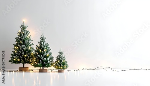 Festive scene featuring three miniature snowy Christmas trees with soft glowing lights