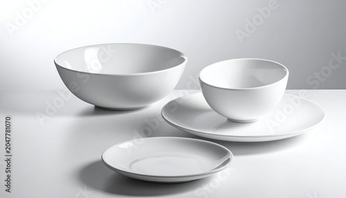 Elegant white bowls and plates artfully arranged on a smooth, reflective, white surface