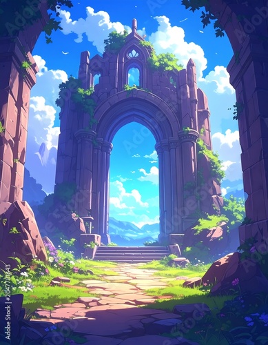 A serene, ancient stone archway stands amidst lush greenery and cloudy skies