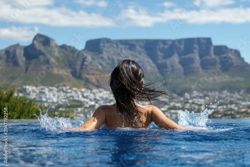 Relaxing in infinity pool with table mountain view in cape town