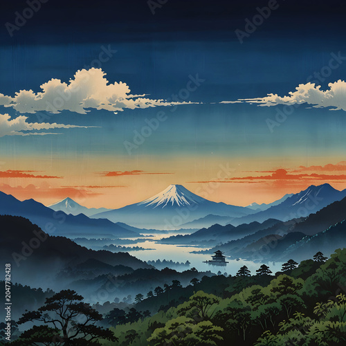 Japanese illustration of a blue sky and mountains