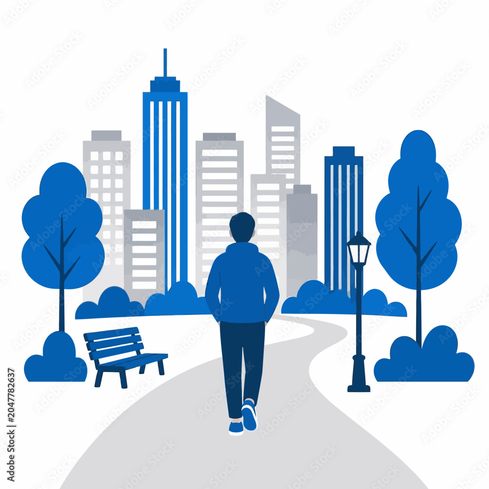Naklejka premium A young man walking alone in a public park path.