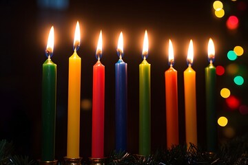 Eight colorful hanukkah candles, green, yellow, red, and blue, are lit and arranged on a dark background with bokeh lights.