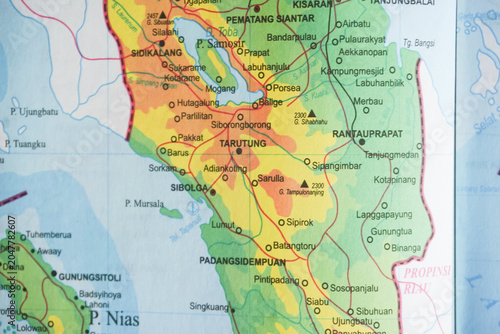 Fotografía close up of map of North Sumatra, Sibloga 'Medan' , Indonesia
