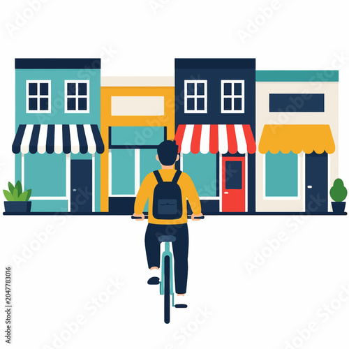 A young student cycling towards local shops in the city.