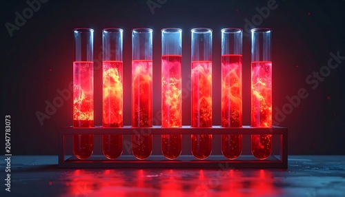 A rack of eight glowing test tubes with red liquid and swirling patterns