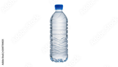 Fotografie Clear plastic water bottle with blue cap, isolated on transparent background