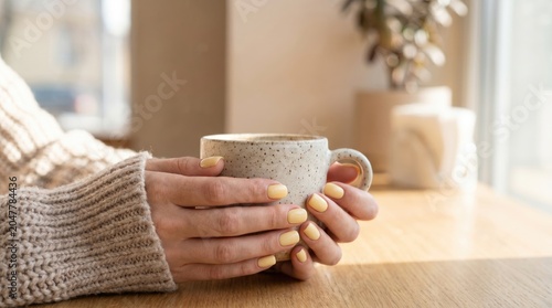A pair of hands with yellow nails holding a textured ceramic mug. The background features a cozy indoor setting with soft lighting and a plant.