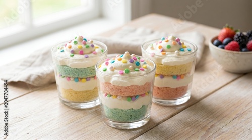 Three colorful dessert cups with layers of cake and cream topped with sprinkles. A bowl of mixed berries is placed nearby on a wooden table.