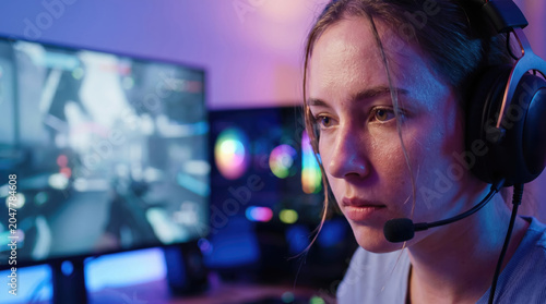 Young Caucasian woman with brown hair plays video games at a computer desk. Colorful LED lights illuminate the room. Focused expression on her face.