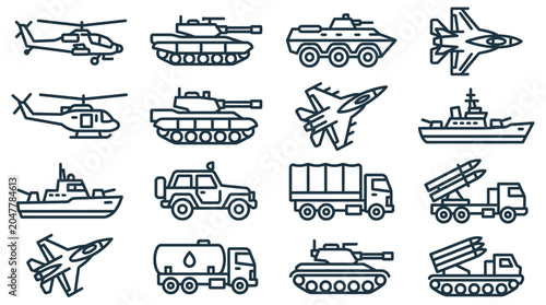 Collection of 15 military vehicle and aircraft icons in simple line art style on a white background.