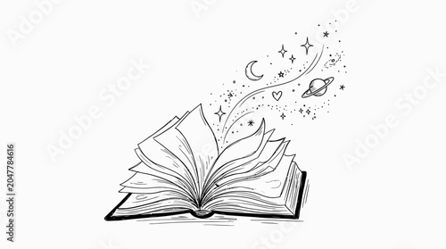 Illustration of an open book with celestial symbols and stars emerging from the pages on a plain white background.