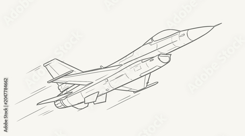 Bild auf Leinwand Line drawing of a fighter jet in flight with motion lines on a plain background