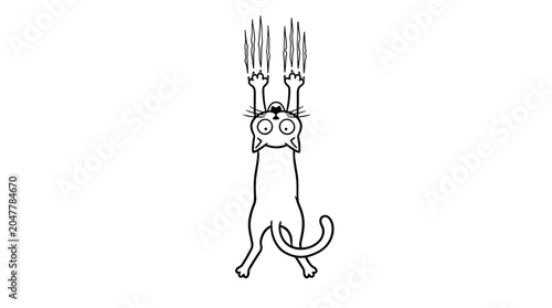 Schilderij op canvas A cartoon cat with a fork on its head standing on its hind legs against a plain white background with a playful mood
