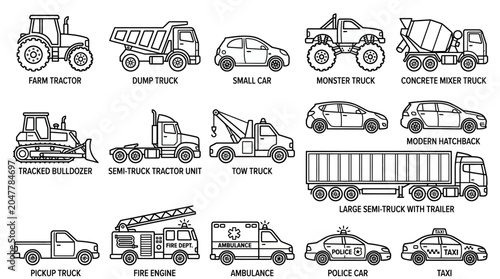 Obraz na płótnie Flat lay illustration of various vehicles including farm tractor, dump truck, and fire engine on a clean white background with line art style and a neutral color palette