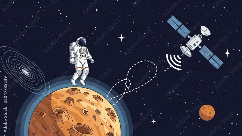 Fototapeta premium Astronaut character floating above a planet and communicating with a satellite in outer space with stars and a distant galaxy visible.