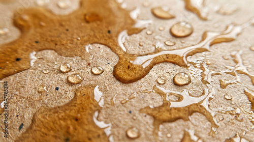 Water Droplets on Textured Surface: Macro view of glistening water droplets scattered across a rough, textured surface.
