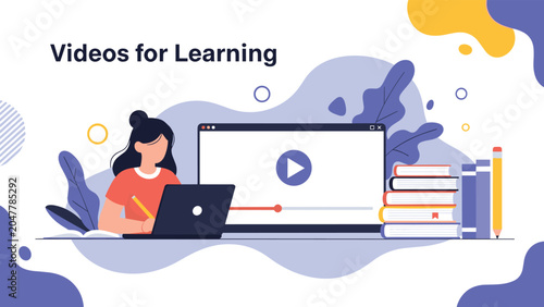 Student girl studying at home using a laptop and watching educational videos with books and school supplies on her desk in vector art.