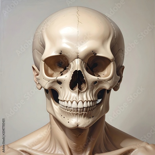 A realistic, detailed, and eerie human skull with exposed teeth and jawbone