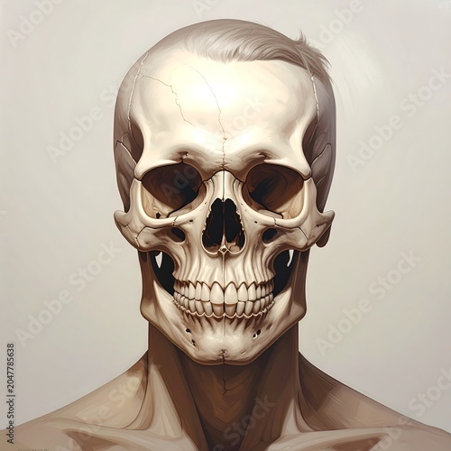 A realistic digital illustration of a human skull with exposed skeletal structure
