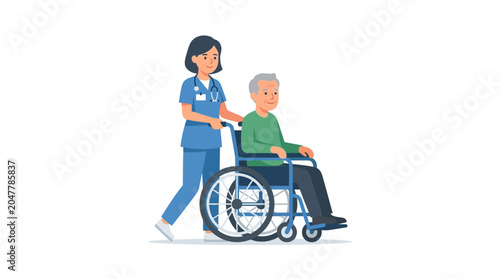 Tableau sur toile Nurse pushing elderly man in wheelchair, medical assistance, care, white backgro