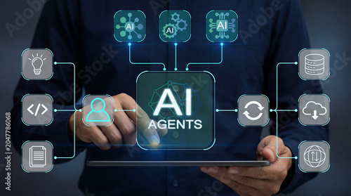 AI orchestration platform for intelligent workflow automation. Connecting AI systems, data flows and business processes across enterprise operations. Businessman using AI orchestration system