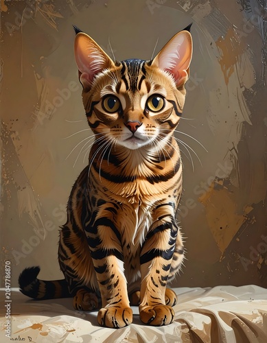 A realistic painting of a domestic cat with distinctive markings