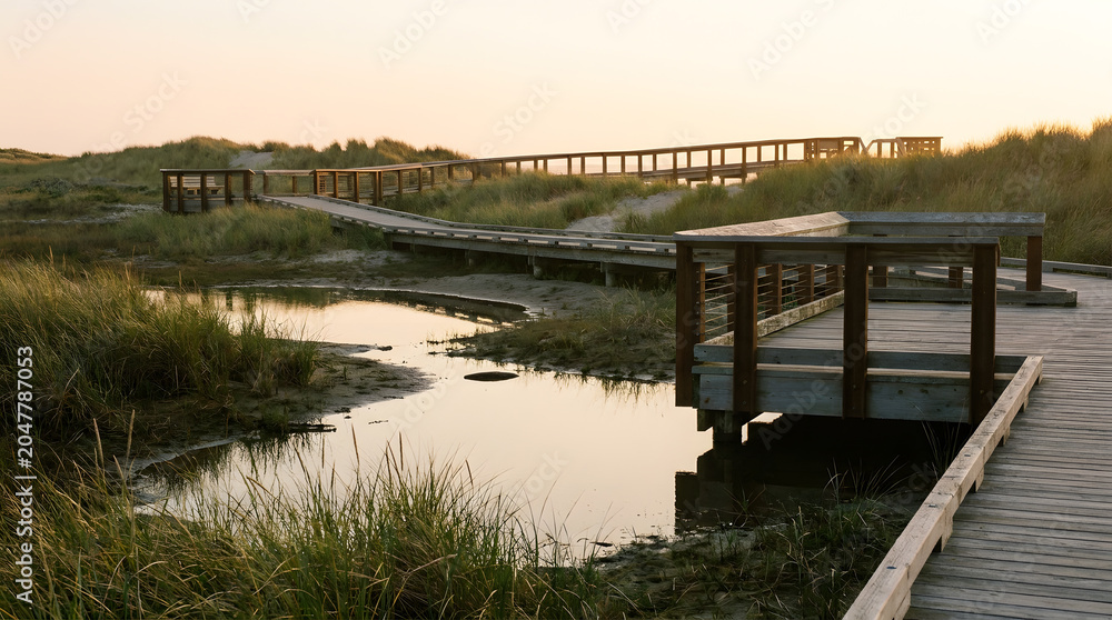 Fototapeta premium Wooden Boardwalk Through a Serene Marsh at Sunrise: A picturesque wooden boardwalk meanders through a tranquil marshland, its weathered planks reflecting the soft, golden hues of the rising sun.