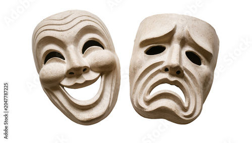 Obraz na płótnie Comedy and tragedy theater masks ancient stone texture, isolated on transparent