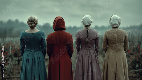 Back View of Women in Modest Clothing from Different Social Classes in a Dystopian Theocracy in a Field.